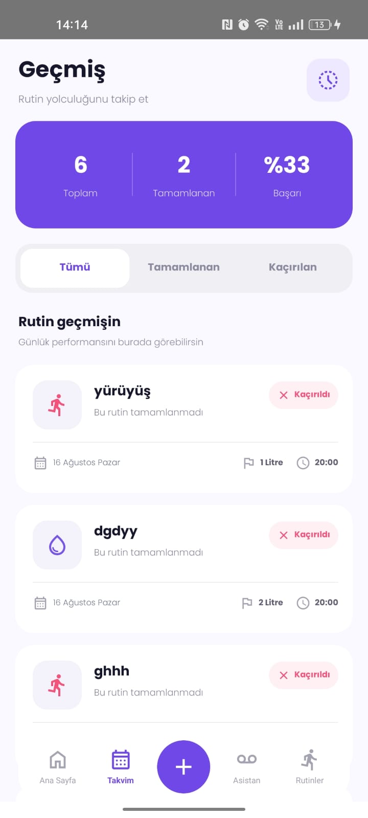 Rutin geçmişi ve başarı istatistikleri