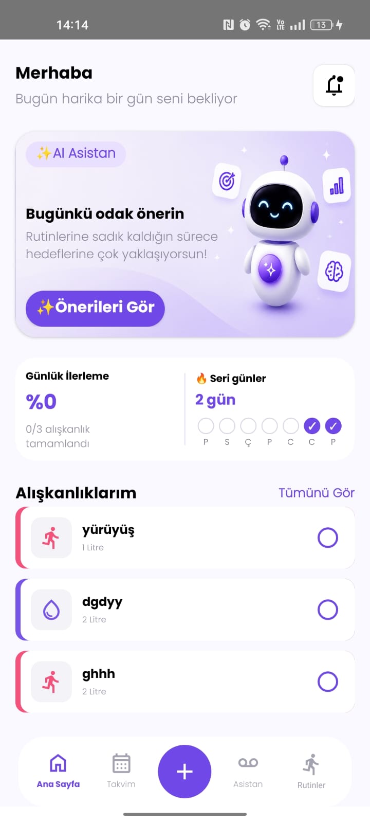 Rutin ana sayfa: günlük ilerleme, seri günler ve alışkanlıklar
