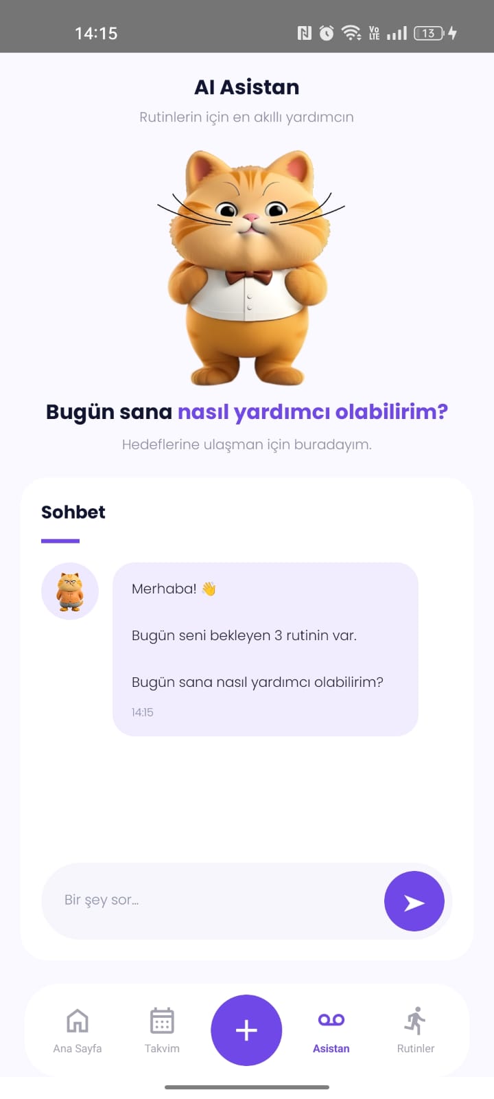 Rutin AI Asistan ekranı: kedi karakteri ve sohbet