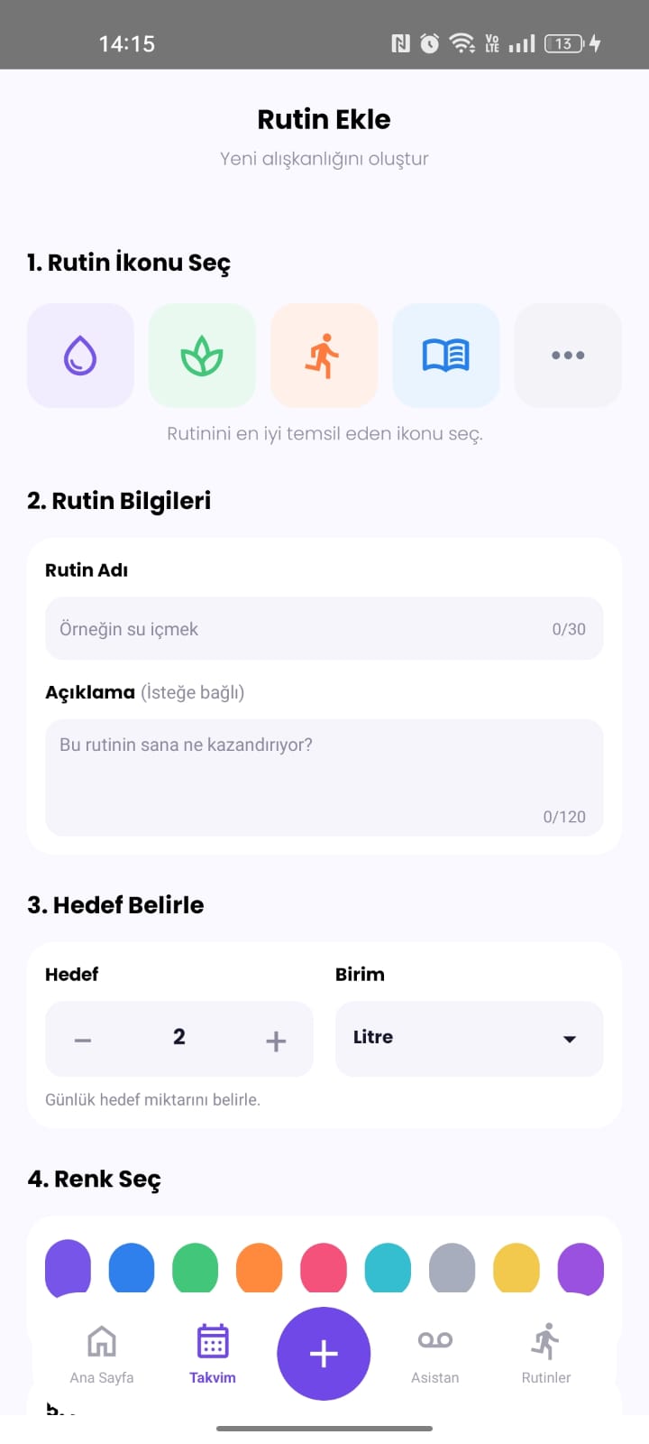 Rutin ekleme ekranı: ikon, hedef ve renk seçimi